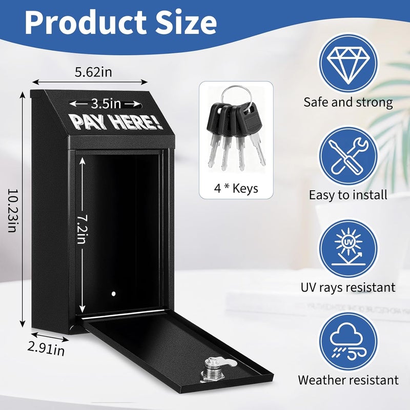Hualleko Metal Donation Box with Lock – Wall Mounted Cash Money Box with Slot for Cash Deposit, Money Drop with Lock and Slot for Home/Office/Outdoors 10.2 x 5.6 x 2.9 Inch(Black) - Image 2